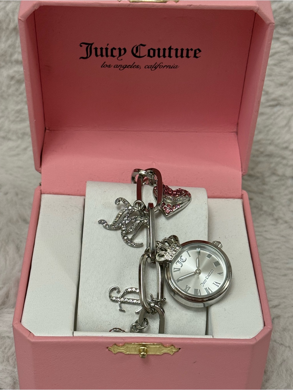 Juicy Couture Silver Charm Bracelet Watch With Pink Presentation Box